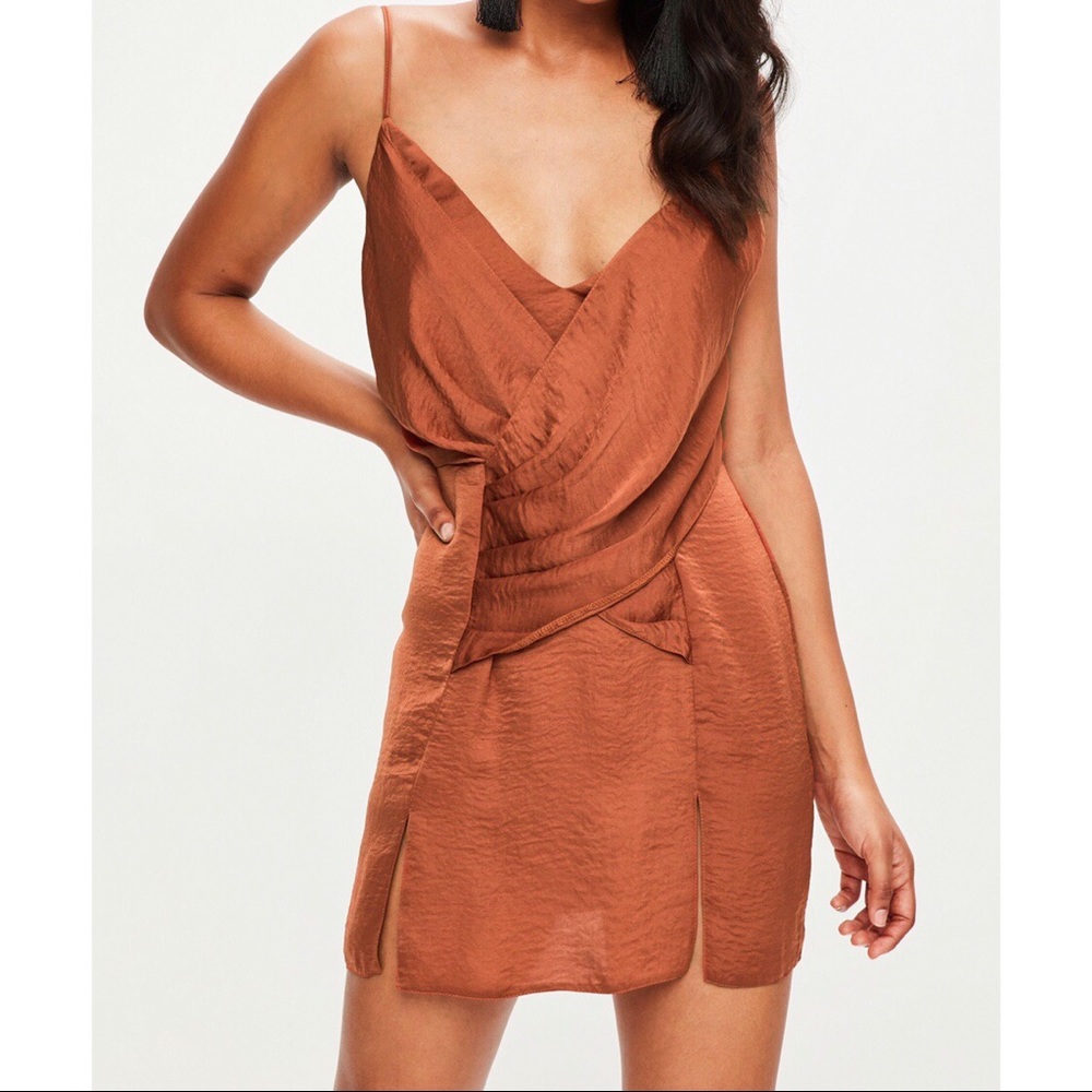 Missguided Orange Satin Twist Front Mini Dress